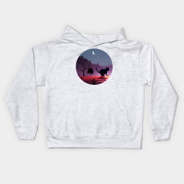 Silueta de gato bajo la luna Kids Hoodie by WilsonQR